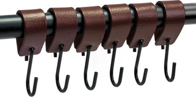 Brute Strength - Leren S-haak hangers - Bruin - 6 stuks - 12,5 x 2,5 cm – Zwart zilver – Leer - handdoekhaakjes - Ophanghaken – kapstokhaak