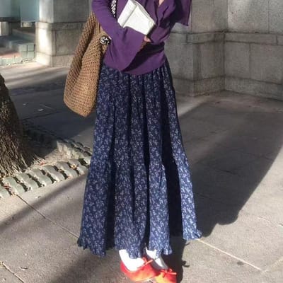Retro Bloemenrok voor Dames In Lente Nieuwe Hoge Taille Casual Luie Stijl Herfst en Winter Taart Lange Rok XL marineblauwe kleur