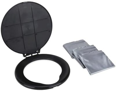 Camco Emmer toiletbril met deksel | Past op emmers van 5 gallon | Inclusief 3 Bonus Toilet Afvalzakken (41546)