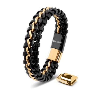 SERASAR Premium Leren Herenarmband [Steel] - Goud/Zwart 17cm - Om Cadeau Te Geven