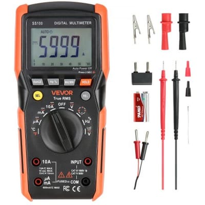 VEVOR digitale multimeter, 6000 TRMS DC/AC voltmeter en stroomtester, automatische bereikinstelling voor stroom, spanning, weerstand, capaciteit, temperatuur, diodes, continuïteit en lage impedantiemeting