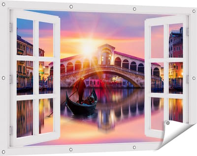 Gards Tuinposter Doorkijk Gondel bij de Rialtobrug in Venetië, Italië - 120x80 cm - Tuindoek - Tuindecoratie - Wanddecoratie buiten - Tuinschilderij