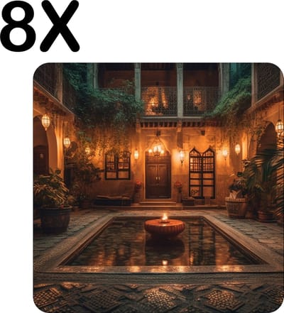 Luxe Placemat - Kaarsen in een Rustgevend Gebouw - Set van 8 Placemats - 50x50 cm - 2 mm dik Vinyl - Anti Slip - Afneembaar