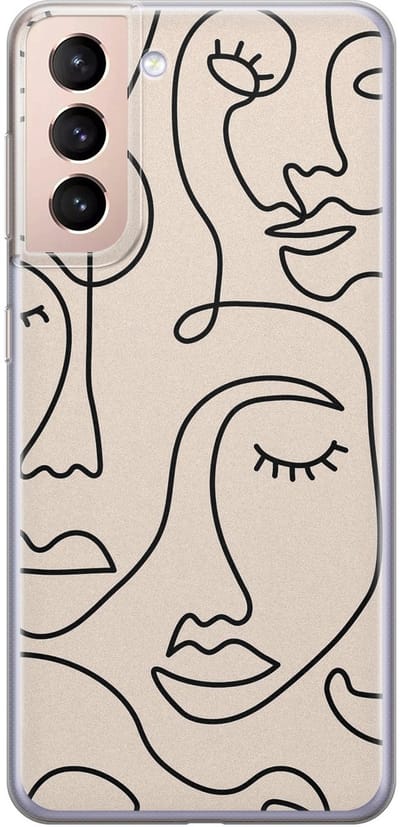 Leuke Telefoonhoesjes - Hoesje geschikt voor Samsung Galaxy S21 Plus - Abstract gezicht lijnen - Soft case - TPU - Print / Illustratie - Beige