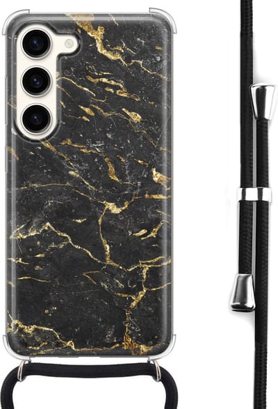 Hoesje met koord - Geschikt voor Samsung Galaxy S23 - Marmer zwart goud - Verstelbaar zwart koord - Crossbody - Marmer - Zwart, Transparant, Goud - Leuke Telefoonhoesjes