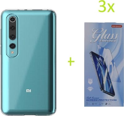 Bookcase Geschikt voor: Xiaomi Mi 10 / 10 Pro Hoesje Transparant TPU Silicone Soft Case + 3X Tempered Glass Screenprotector