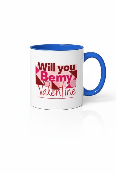 Valentijn Mok 'Will you Bemy Valentine' met Hartjes en Blauwe Rand - Romantisch Cadeau