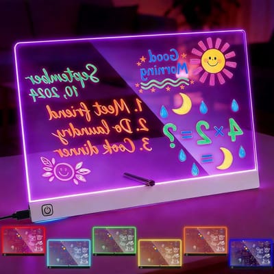 RGB White Acrylic LED Drawing Board, 30 x 20 cm, DIY Light Sign with 7 Neon Markers, Stickers and Designs, Washable - ShopVlot
