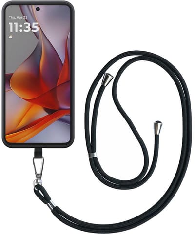 Geschikt voor Motorola Moto G75 Telefoonhoesje met Afneembaar Zwart Koord - Flexible Back Cover Case Siliconen TPU with Black Lanyard - Zwart - Smartphonica geschikt voor Motorola Moto G75