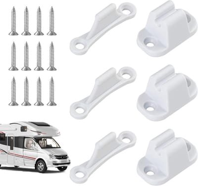3-pack witte kunststof camperdeurstoppers voor caravan, camper of boot, deurstoppers, externe montage met 12 schroeven, kampeeraccessoires