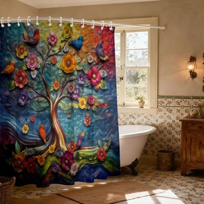 Levensboom Douchegordijn Kleurrijk Bloemen Vogel Print Waterdichte Stof Boho Badkamer Decoratie Met Haken W110H175(CM)-1 Pcs