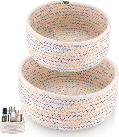 Famanu – Opslagmanden set van 2 – katoen touw – gevlochten mand organizer – badkamer/verschoontafel/kinderkamer
