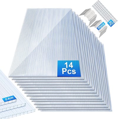 14x Polycarbonaat Platen 4mm Dubbelwandig 60.5x121cm met Bevestigingsmateriaal