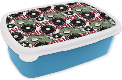 Broodtrommel Blauw - Lunchbox - Brooddoos - Patronen - Muziek - Vinyl - 18x12x6 cm - Kinderen - Jongen