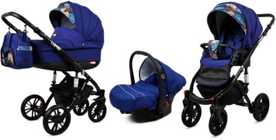 BabyLux® Kinderwagen 3in1 – LUMIO - SAILOR BLUE BLACK FRAME - Opklapbare Wandelwagen incl. Reiswieg, Multifunctionele Buggy Sportstoel, Autostoel - Combi-kinderwagen met Luiertas, Regenhoes, Klamboe, Bekerhouder, etc.