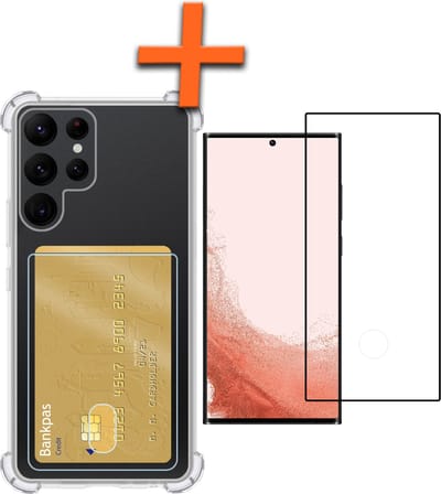 Hoes - Geschikt voor Samsung Galaxy S22 Ultra - Met Screenprotector - En Pashouder - En Kaarthouder - Telefoon Hoesje Shockproof - Siliconen Case - Back Cover - Shock Proof - Pasjes Houder - Transparant