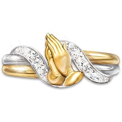 Prachtige 14-karaats vergulde ring met zirkonia in de vorm van een biddende hand, een geluksbrenger voor familie en vrienden. No. 10 beige