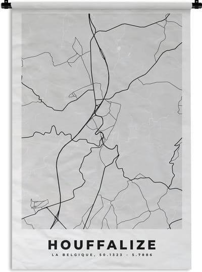 Wandkleed - Wanddoek - Zwart Wit – België – Plattegrond – Stadskaart – Kaart – Houffalize - 120x180 cm - Wandtapijt