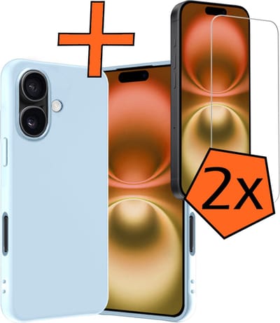 Hoes - Met 2x Screenprotector - Geschikt voor Apple iPhone 16 - Sterk & Shockproof - Back Cover - Siliconen Case - Telefoon Hoes - Lichtblauw
