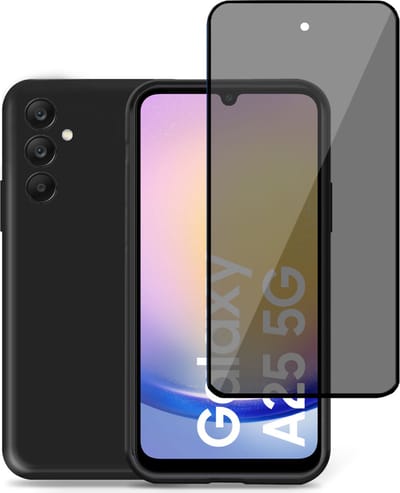 Hoesje + Privé Screenprotector geschikt voor Samsung Galaxy A25 – Privacy Tempered Glass - Back Case Cover Zwart