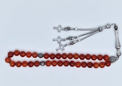 Handgemaakte tesbih klassiek - "Tasbih" natuursteen "Rood Agaat" - Aantal kralen 33 - Diameter kralen 8 MM - met metaal tassel "Kruis" - Een mooi cadeau-idee