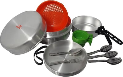 Complete Kampeer Kookset Aluminium voor 4 Personen - Inclusief Borden en Bestek