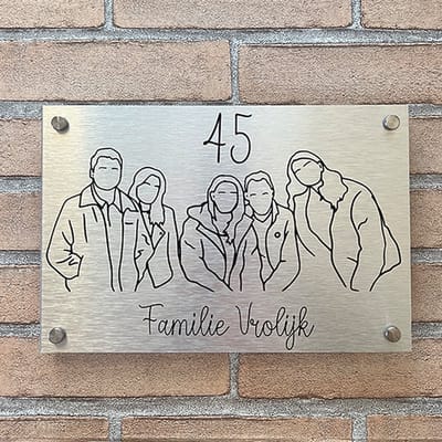 Naambord lijntekening - RVS dibond - 20 cm x 30 cm - incl RVS afstandhouders - tot 6 personen