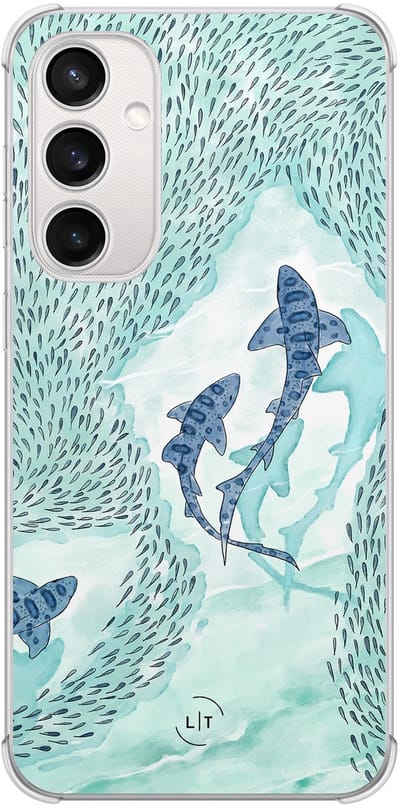Shockproof hoesje - Geschikt voor Samsung Galaxy S23 FE - Baby shark - Extra sterke case - TPU/polycarbonaat - Print / Illustratie - Blauw, Transparant