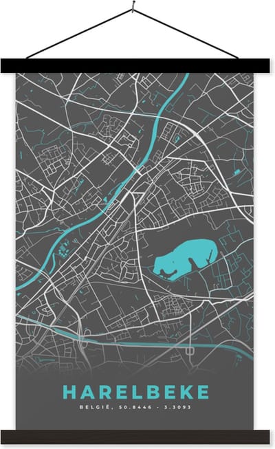 Posterhanger incl. Poster 40x60 cm - Schoolplaat - België – Harelbeke – Stadskaart – Kaart – Blauw – Plattegrond - Textielposter - Zwarte latten - Stadskaart