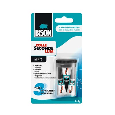Bison Secondelijm Vloeibaar Mini's 3 x 1g, sterke secondelijm, speciale min verpakking, vaatwasser bestendig, water resistent, voor iedere reparatie in en om het huis