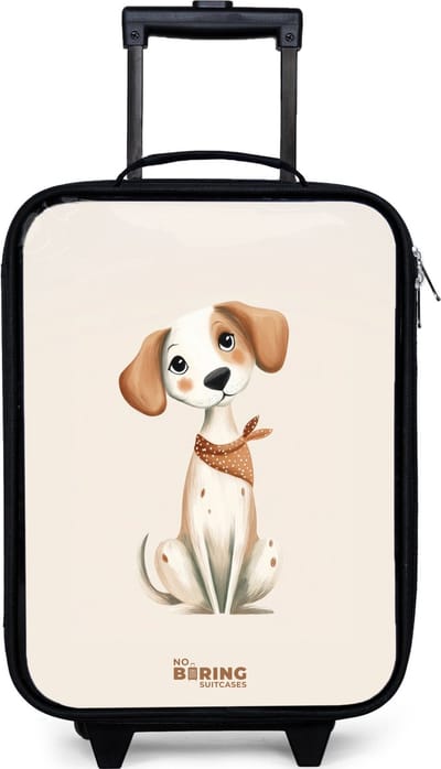 NoBoringSuitcases.com® - Kinderkoffer jongen - Kindertrolley meisje - Bruin gevlekte pup op een beige achtergrond - Koffer kind lichtgewicht - Reiskoffer trolley voor kinderen - Koffertje met lichtgevende wieltjes - Rolkoffer zwart