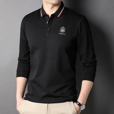 Heren Lente en Herfst Nieuw Heren Poloshirt Modetrend Geborduurde Revers Lange Mouw T-shirt 3XL black