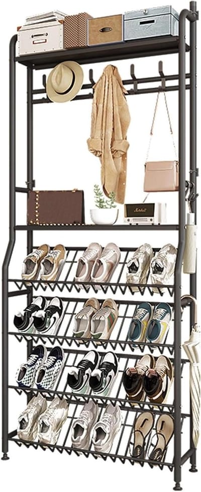 Schoenenrek met Kapstok - Kledingrek Entree - Hal Organizer - 4 Schuine Planken