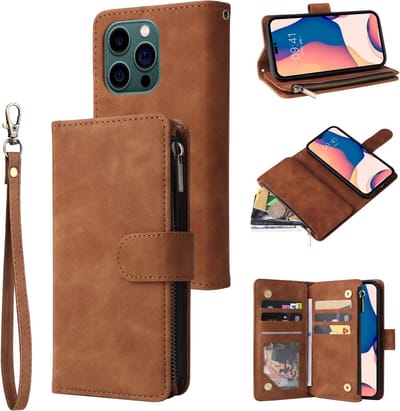YPCd Wallet Case Pasjeshouder met Rits – Geschikt voor Apple iPhone 14 Pro Max – Luxe Bookcase Hoesje met 6 Pasjesvakken & Polsbandje – Bruin