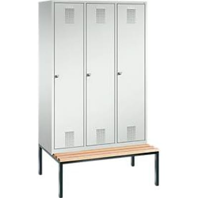 kleerkast Evolo S 3000, bankje onderin, 3 vakken, staal, cilinderslot, lichtgrijs/lichtgrijs