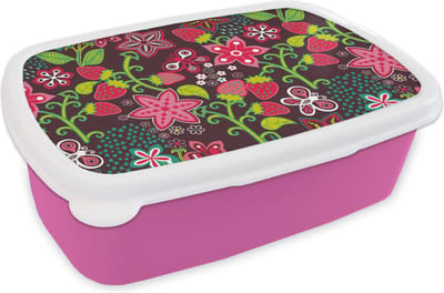 Broodtrommel Roze - Lunchbox - Brooddoos - Meisjes - Fruit - Bloemen - Patronen - Girl - Kids - Kinderen - Kindje - 18x12x6 cm - Kinderen - Meisje