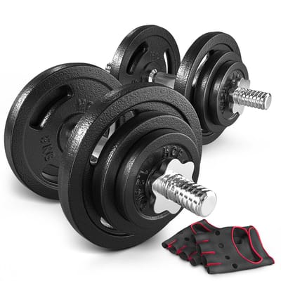 Hop-Sport Gietijzer – Halterset – 40 kg (2 x 20 kg) – Schroefsluiting – Inclusief neopreen handschoenen