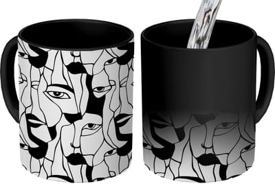 Magische Mok - Foto op Warmte Mokken - Koffiemok - Lijnen - Gezichten - Zwart - Wit - Magic Mok - Beker - 350 ML - Theemok