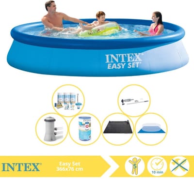 Intex Rond Opblaasbaar Easy Set Zwembad - 366 x 76 cm - Blauw - Inclusief Pomp - Onderhoudspakket - Filter - Grondzeil - Stofzuiger - Solar Mat - 7-delig