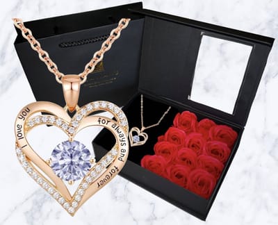Mea Manu® “I love you for always and forever” Statement Ketting - Rose Goud - Moederdag cadeautje - Cadeautje voor vrouw - Valentijn - Geschenkset - 12x rode zeeprozen met geur - Geschenkdoos - Valentijn cadeautje voor haar - Moederdag Cadeautje