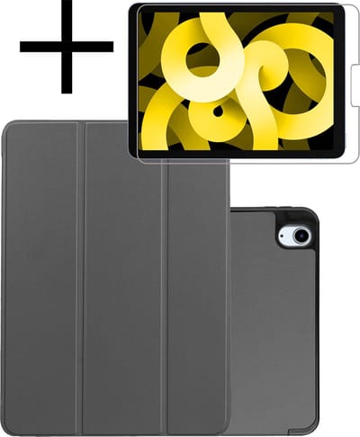 Hoes - Geschikt voor Apple iPad Air 5 (2022) - 10.9 inch - 5e Generatie - M1 - Met Screenprotector - Trifold Bookcase - Hard Cover Case - Met Uitsparing Geschikt voor Apple Pencil - Hardcover Book - Tablet Hoesje - Grijs