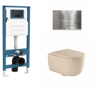 QeramiQ Dely Swirl Toiletset - inbouwreservoir Qeramiq Flush - 35mm zitting - metaal RVS bedieningsplaat - rechthoekige knoppen - beige