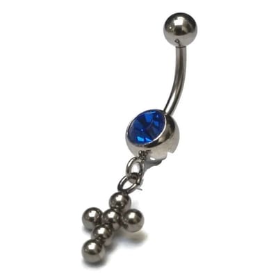 Aramat Jewels | Navelpiercings | Diepblauw Stalen Navelpiercing met kruisje | | | |8mm | Staal | Volwassenen | Verkleurd niet