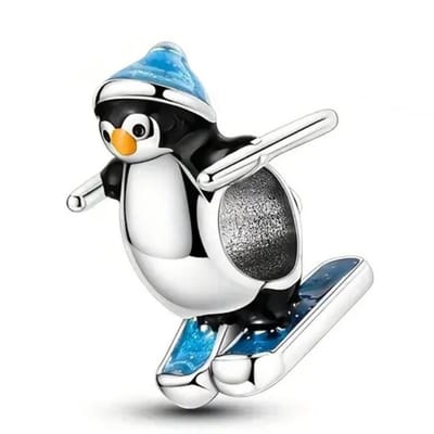 Fler® | Bedel | Past op populaire bedelarmbanden (standaard - 3mm) | Skiënde Pinguïn Bedel | Hangbedel Charm | 925 sterling zilver | Blauwe, Zwarte & Gele emaille | Armband Kraal | Valentijnsdag Cadeau | Sinterklaas kado | Kerstcadeau | Verjaardag