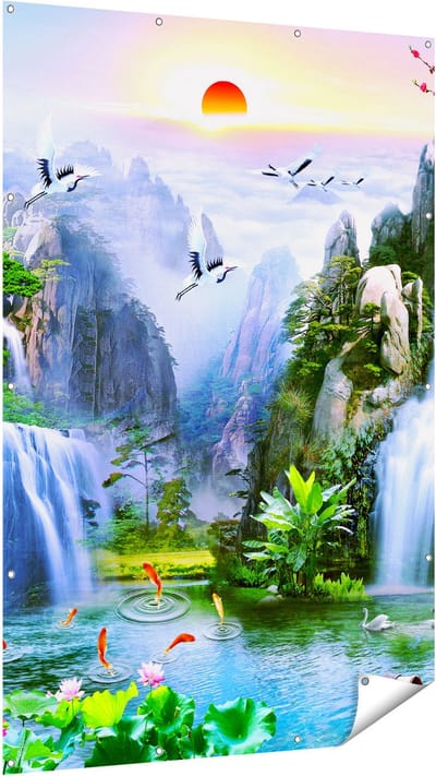 Gards Tuinposter Watervallen in de Bergen - Abstract - 120x180 cm - Tuindoek - Tuindecoratie - Wanddecoratie buiten - Tuinschilderij