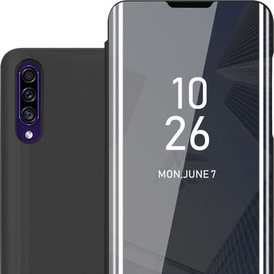 Cadorabo Hoesje geschikt voor Samsung Galaxy A50 4G / A50s / A30s in TOERMALIJN ZWART - Clear View Spiegel Beschermende Case met Tribunefunctie 360 Graden Bescherming Book Case Cover Etui