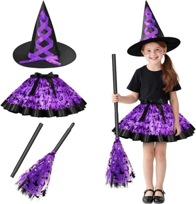 Griezelig Meisjes Heks Kostuum met Tutu Rok, Vouwbare Heksenhoed en Bezem voor Halloween, Verjaardag en Carnaval