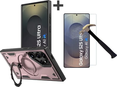 Hoesje Geschikt voor Samsung Galaxy S25 Ultra met gehard glas Screenprotector - Armor hoes met Ringhouder - Arara backcover - Rosegoud