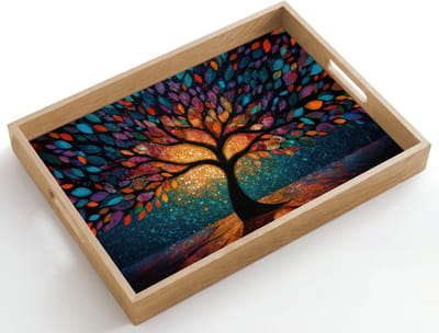 Dienblad hout 50x35 cm - Schootdienblad - Mozaïek - Kleurrijk - Boom - Takken - Borrelplank rechthoek - Plateau dienbladen