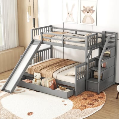 Sweiko Kinderbed 90 x 200/140 x 200cm, Stapelbed met lades, opbergruimte en glijbaan, Multifunctioneel, Grijs